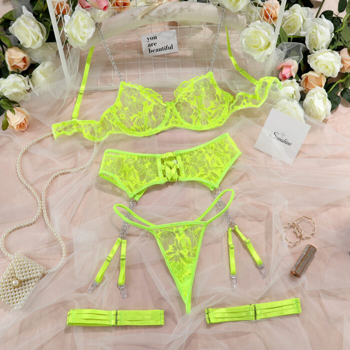 Label Lust Ignite your allure with the Blushing & Luminescent Neon Intimate Lingerie Set with Chained Garter. This flirtatious set, featuring a charming garter belt and leg loops, adds a playful twist to intimate moments.