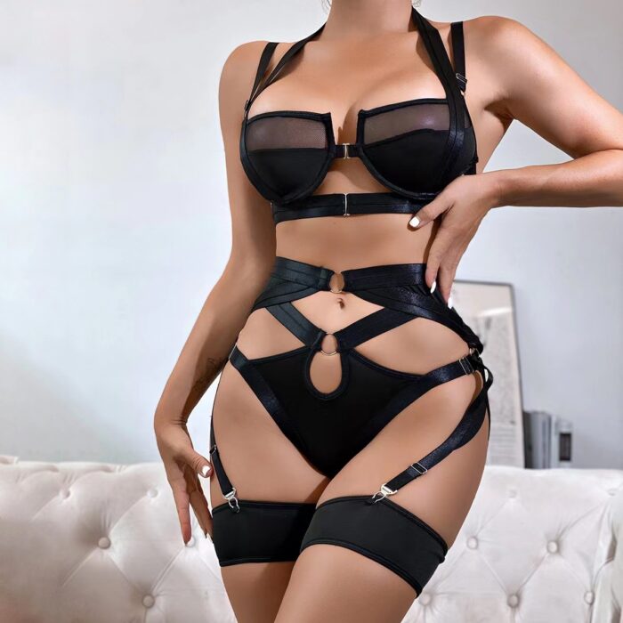 Label Lust Explore your desires with the Dark Desires Bondage Bikini Lingerie Set - Harness Design, featuring a Garter Belt and Thigh Straps. This designer lingerie ensemble combines allure with a touch of bondage for a captivating and sensual experience.