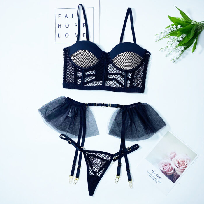 Label Lust Elevate your fantasies with our 'Sensation Padded Corset Fantasy Set & Mesh Ruffle Garter Belt.' This designer ensemble combines sensual mesh, a figure-enhancing corset, and a playful ruffle garter belt. Experience elegance and allure in this captivating lingerie set.